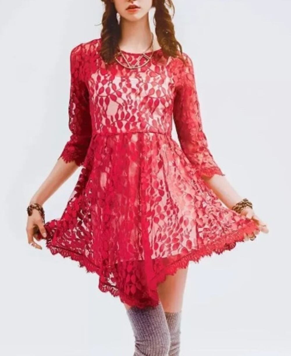 058 NWOT Free People Floral Mesh Lace Dress | Color Red. | Size 4